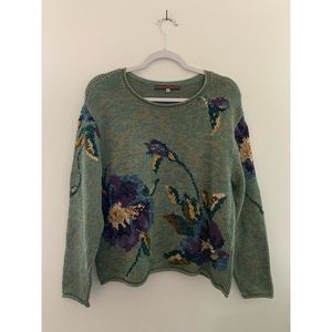 PERUVIAN CONNECTION Daffodil Floral Knit Sweater Purple Olive Pima Cotton XL